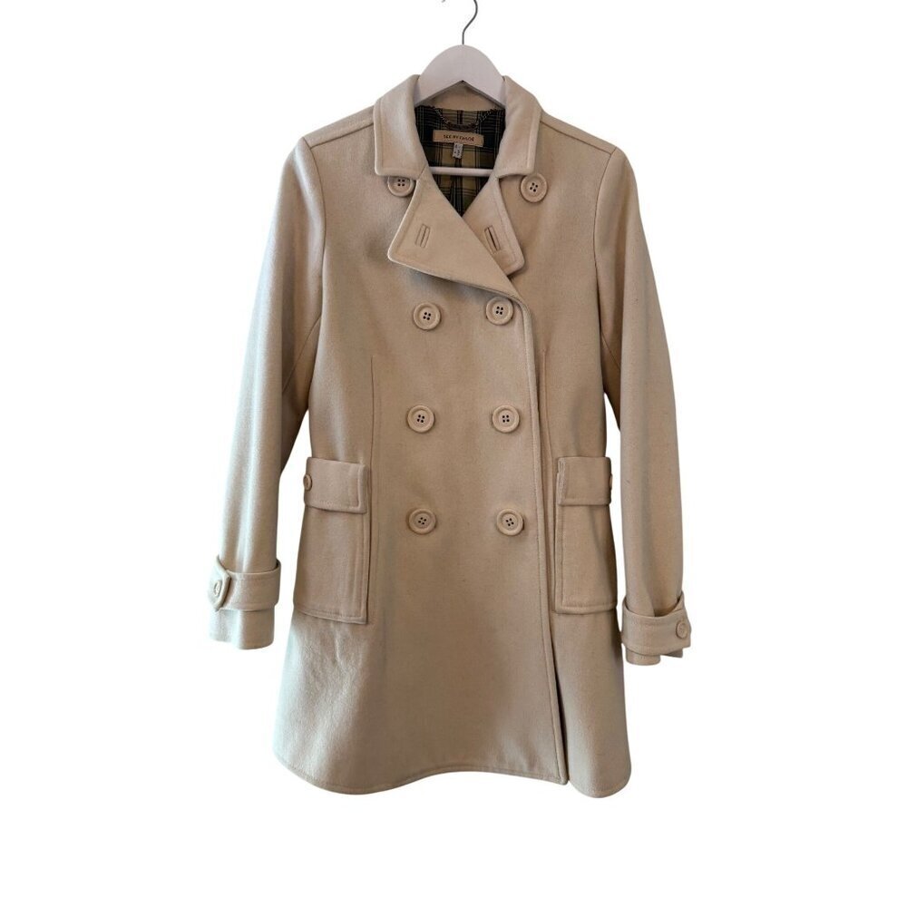 See By Chloe Wool Blend Double-Breasted Peacoat Ivory w Green Plaid Lining Sz 4
